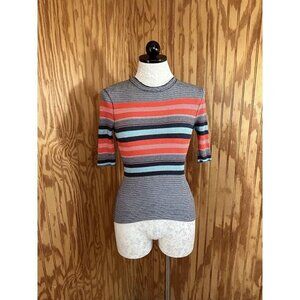 Free People Striped Short Sleeve Knit Top in Coral, Light Blue & Gray